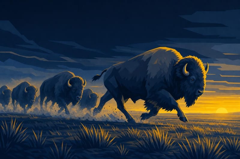Illustration of a bison herd charging across the prairie at dusk